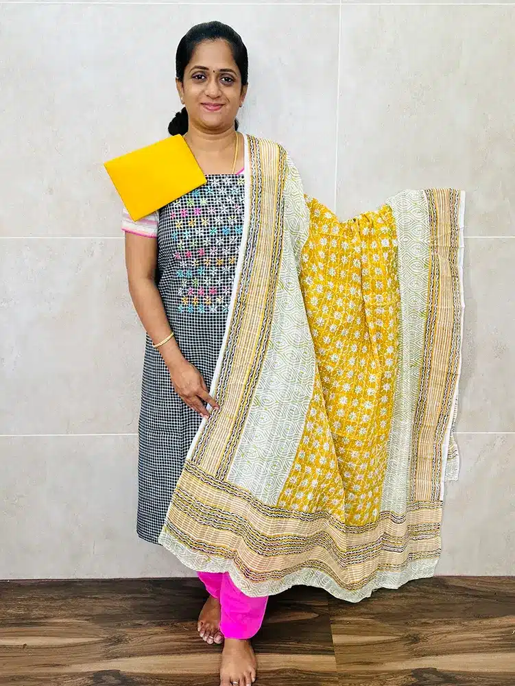 Pure cotton top with embroidered yoke paired with printed cotton dupatta and cotton bottom