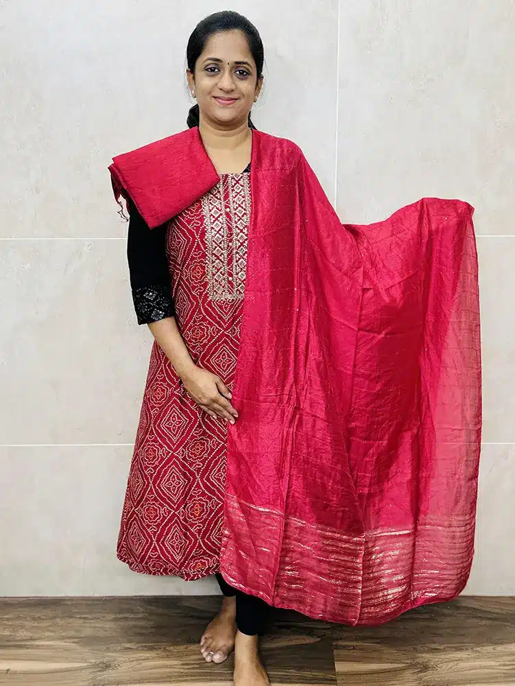 Printed modal silk top paired with soft silk dupatta and cotton silk bottom