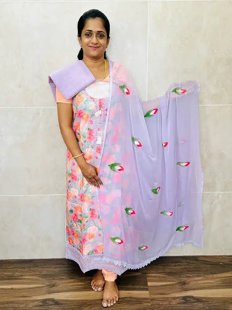 Printed premium linen cotton top paired with brush painted chiffon dupatta and cotton bottom