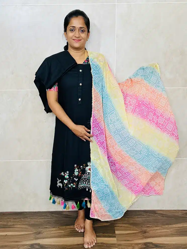 Soft cotton top with beautiful and unique embroidery paired with printed chiffon dupatta and soft cotton bottom