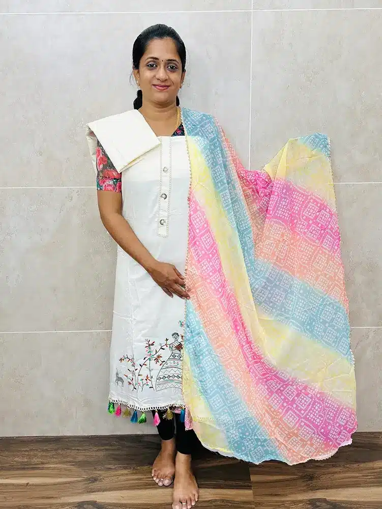 Soft cotton top with beautiful and unique embroidery paired with printed chiffon dupatta and soft cotton bottom