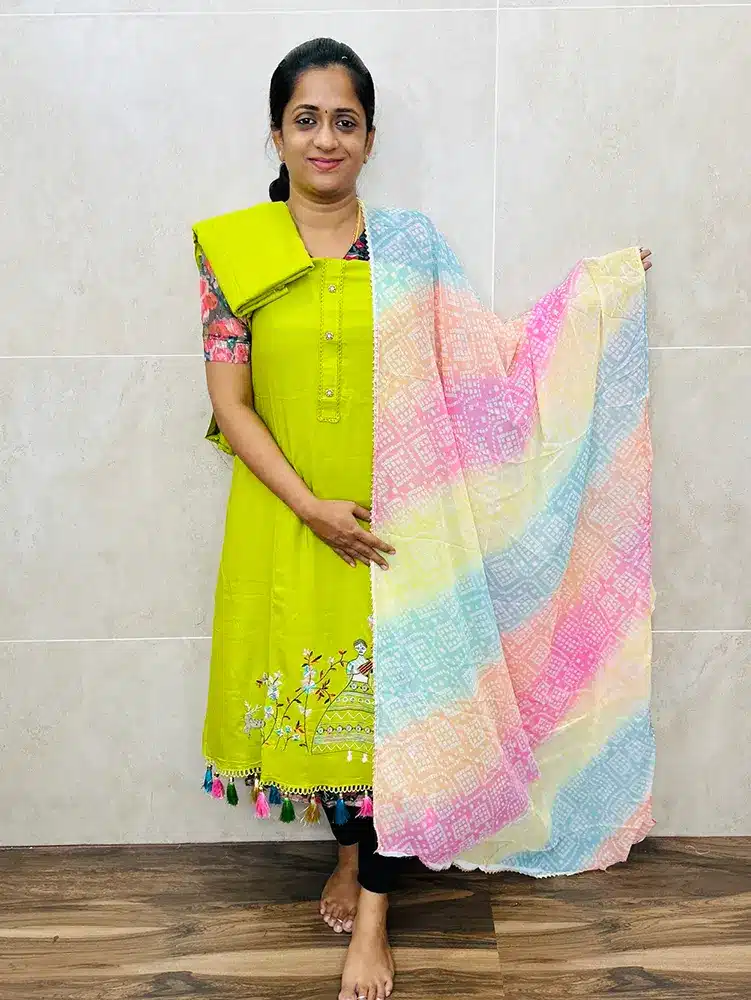 Soft cotton top with beautiful and unique embroidery paired with printed chiffon dupatta and soft cotton bottom