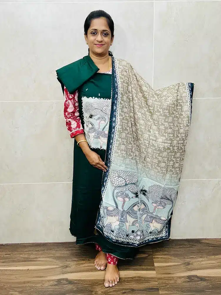 Soft cotton top with muslin silk patch work paired with soft silk dupatta and cotton bottom