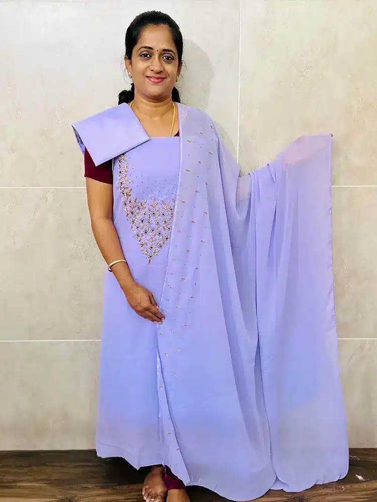 (Light Lavendar) Embroidered Georgette top paired with georgette dupatta and silk bottom