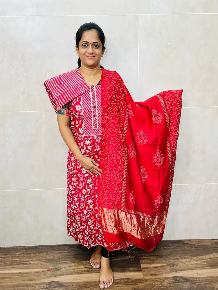 Printed soft cotton top with printed silk dupatta and printed cotton bottom