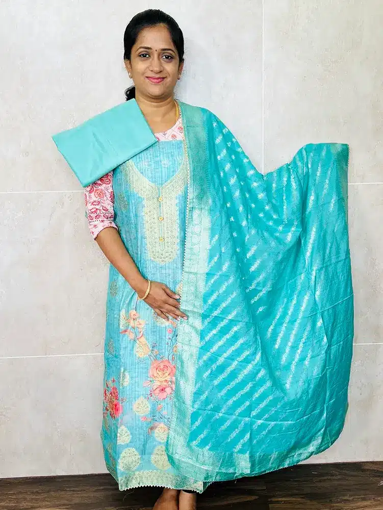 Premium quality soft Chanderi silk top with Benaras weaving, digital prints and swaroski stone work paired with soft Chanderi silk dupatta and silk bottom (lining included)