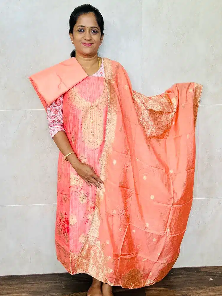 Premium quality soft Chanderi silk top with Benaras weaving, digital prints and swaroski stone work paired with soft Chanderi silk dupatta and silk bottom (lining included)