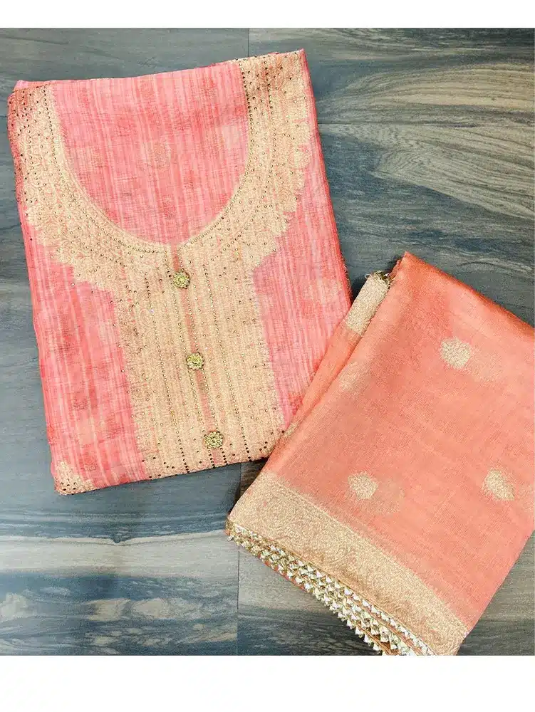 Premium quality soft Chanderi silk top with Benaras weaving, digital prints and swaroski stone work paired with soft Chanderi silk dupatta and silk bottom (lining included) - Image 2