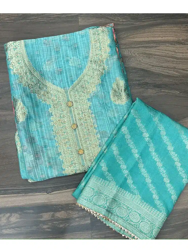 Premium quality soft Chanderi silk top with Benaras weaving, digital prints and swaroski stone work paired with soft Chanderi silk dupatta and silk bottom (lining included) - Image 2