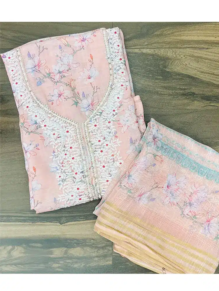 Printed linen cotton top with embroidered yoke paired with printed linen dupatta and cotton bottom