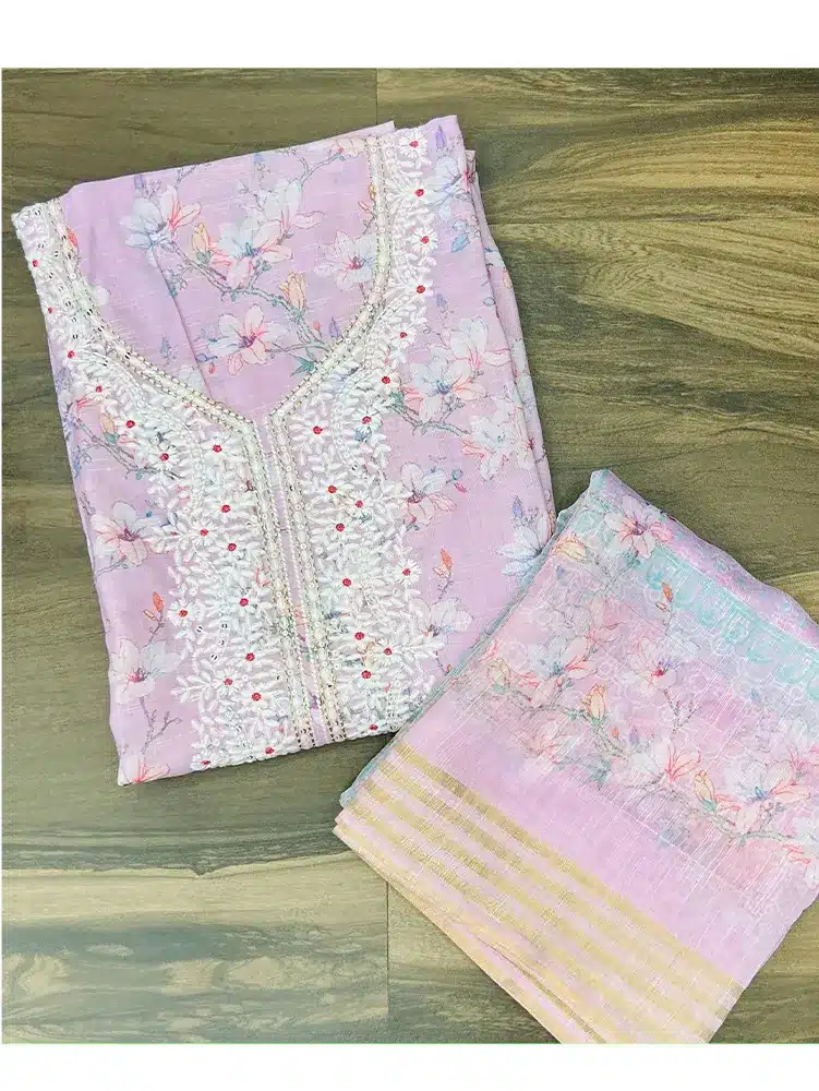 Printed linen cotton top with embroidered yoke paired with printed linen dupatta and cotton bottom