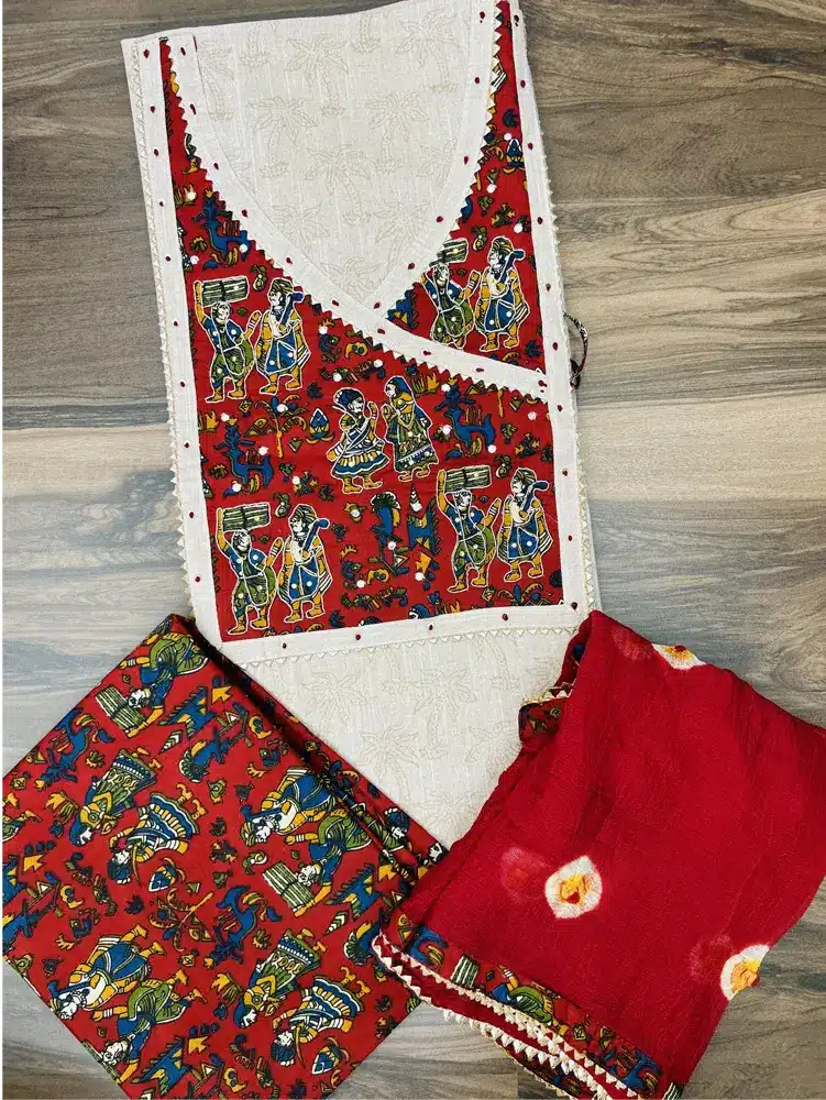 Premium quality cotton top with embroidered yoke paired with pure Georgette bhandini dupatta and printed cotton bottom