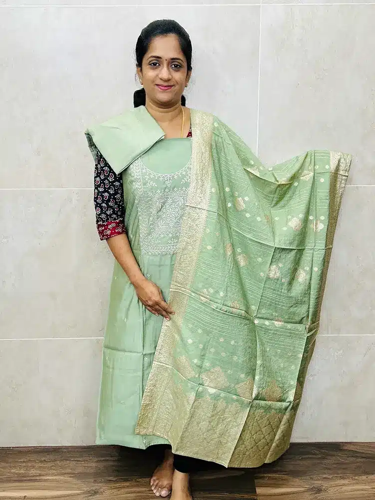 Premium muslin silk top with embroidered yoke paired with zari weaved soft silk dupatta and cotton silk bottom - Image 2