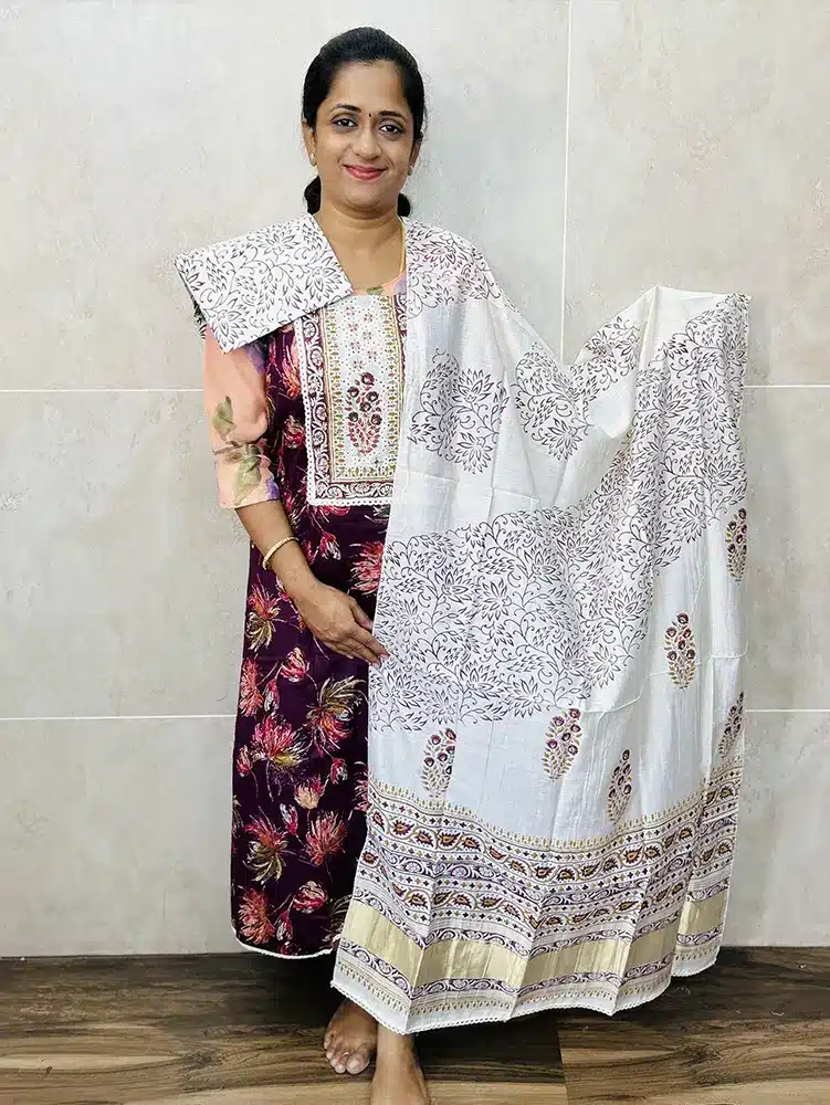 Rayon cotton top with printed soft silk dupatta and printed cotton bottom