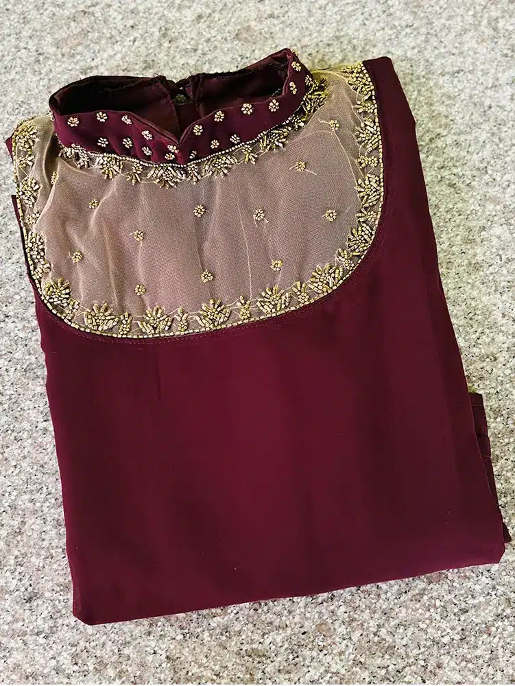 (Dark Maroonish brown) Ready to wear Beautifully handworked Georgette top with crepe lining - Image 2