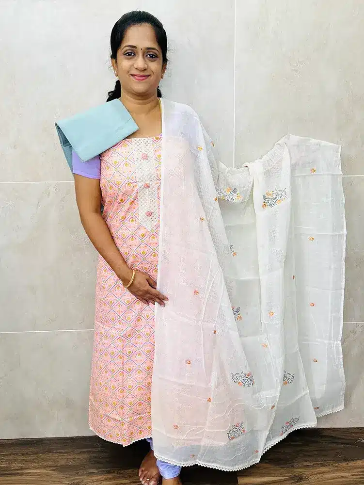 Printed soft cotton top with embroidered cotton dupatta and cotton bottom