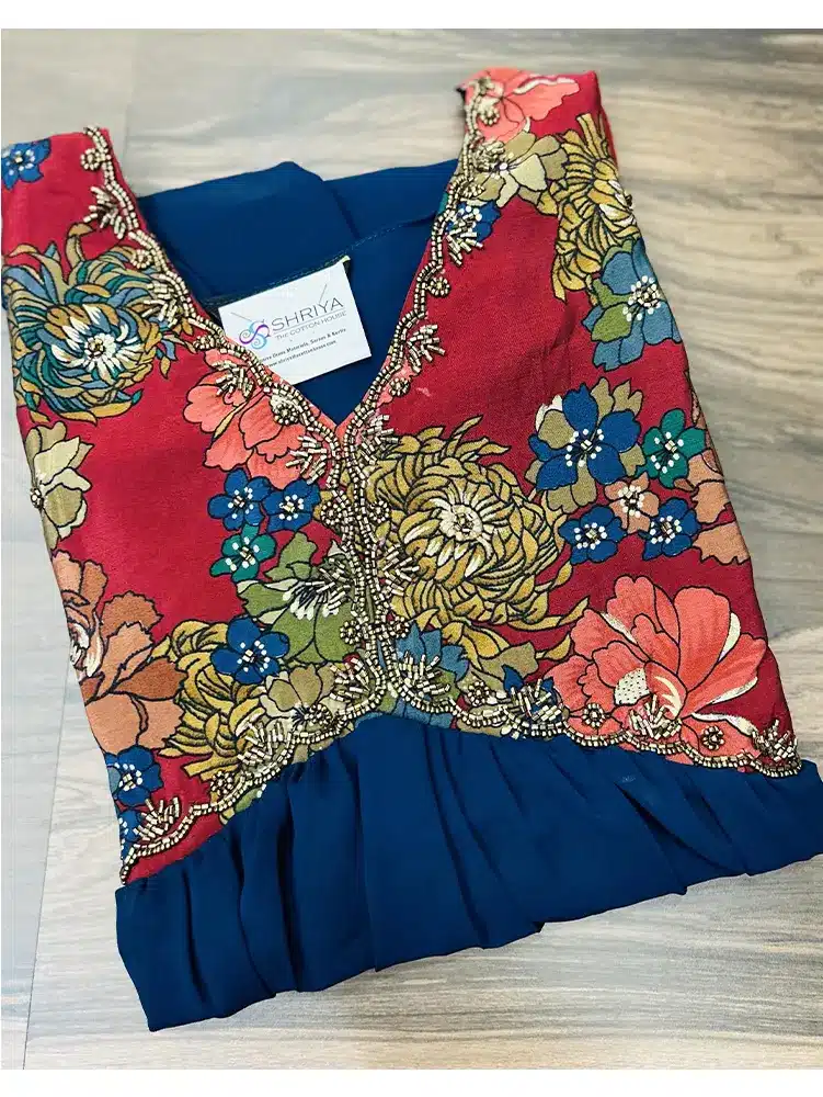 (Dark Peacock blue) Ready to wear Stylish Alia Cut Georgette Top with Handworked Yoke - Image 2