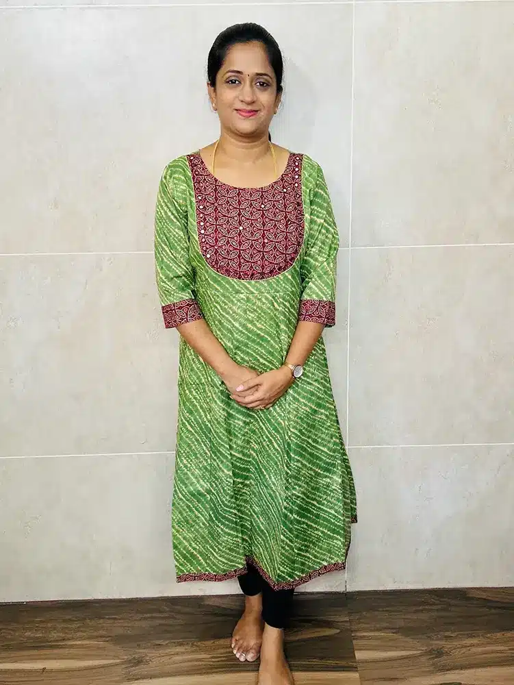 Printed pure cotton top with Handworked ajrakh patchwork on yoke(Anarkali pattern)