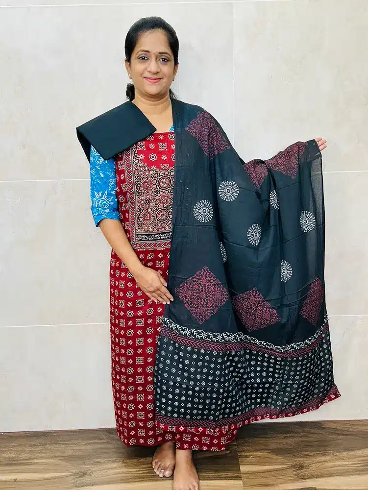 Pure ajrakh cotton top with cotton dupatta and cotton bottom