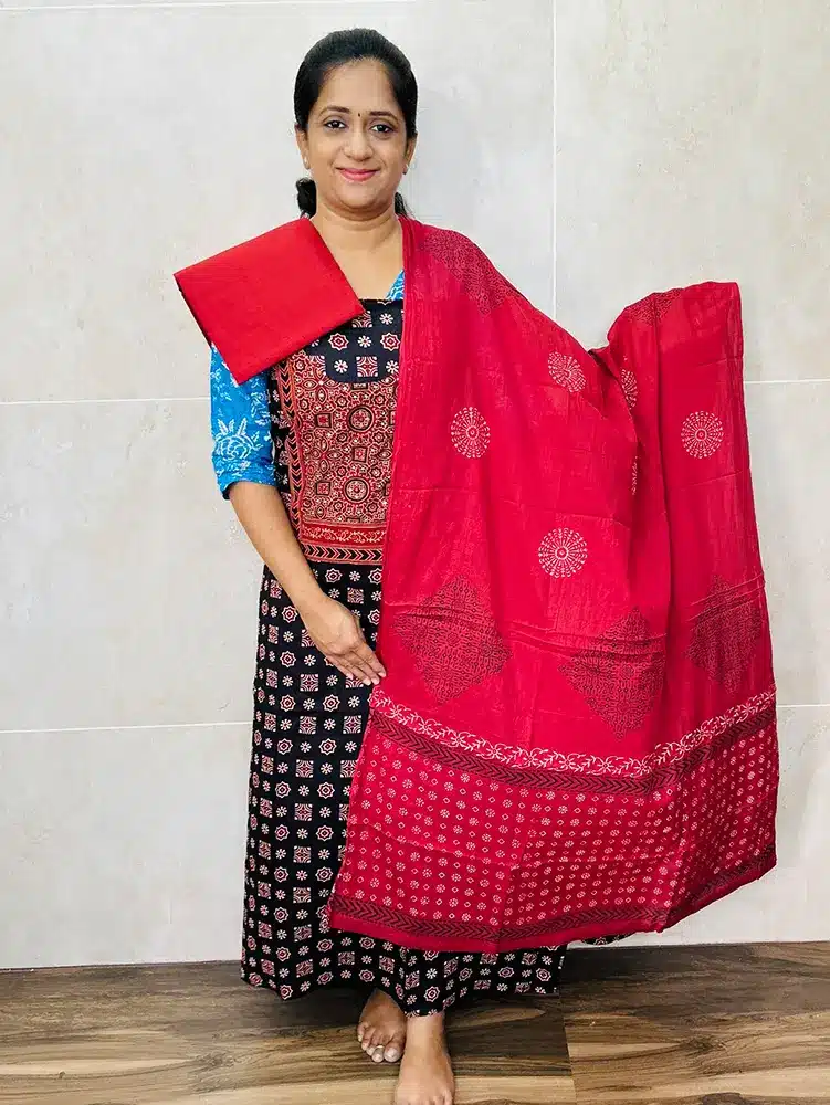 Pure ajrakh cotton top with cotton dupatta and cotton bottom