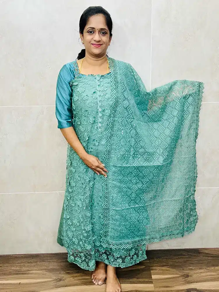 Organza top with designer floral work allover the top paired with embroidered organza dupatta and cotton silk bottom
