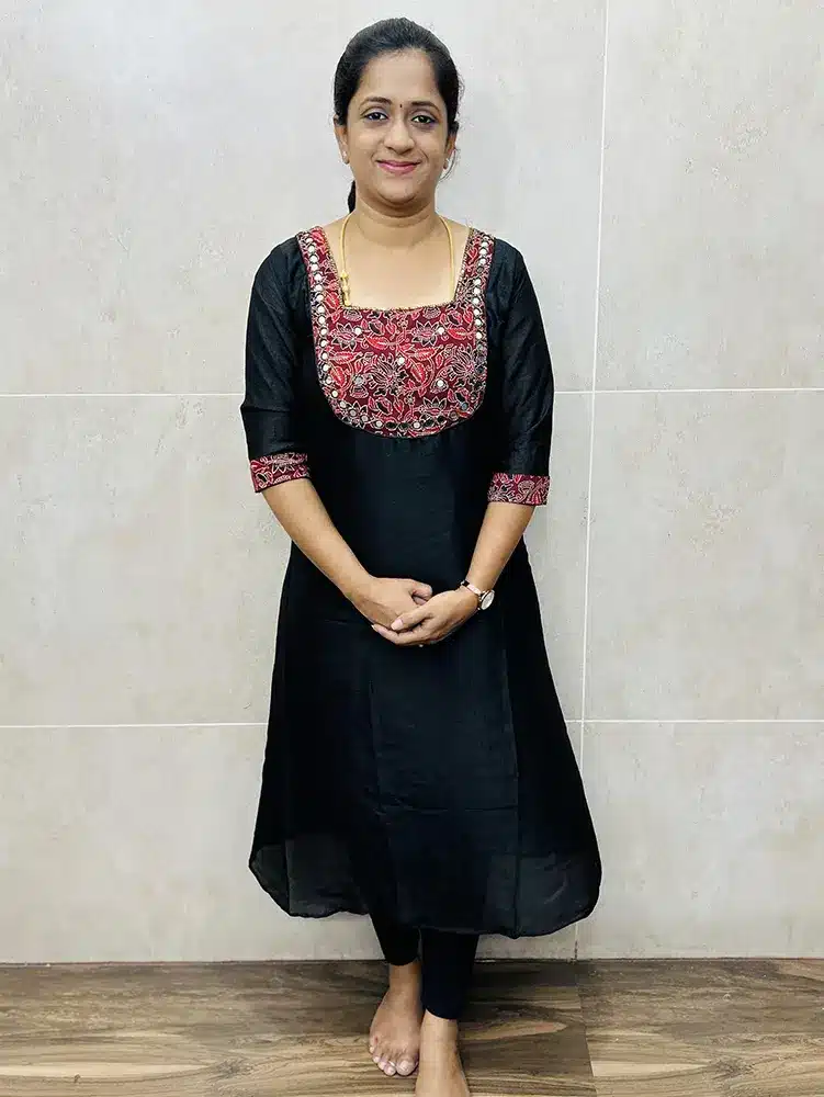 (Black) Soft silk top with beautiful handwork on yoke with crepe lining (Aline pattern)