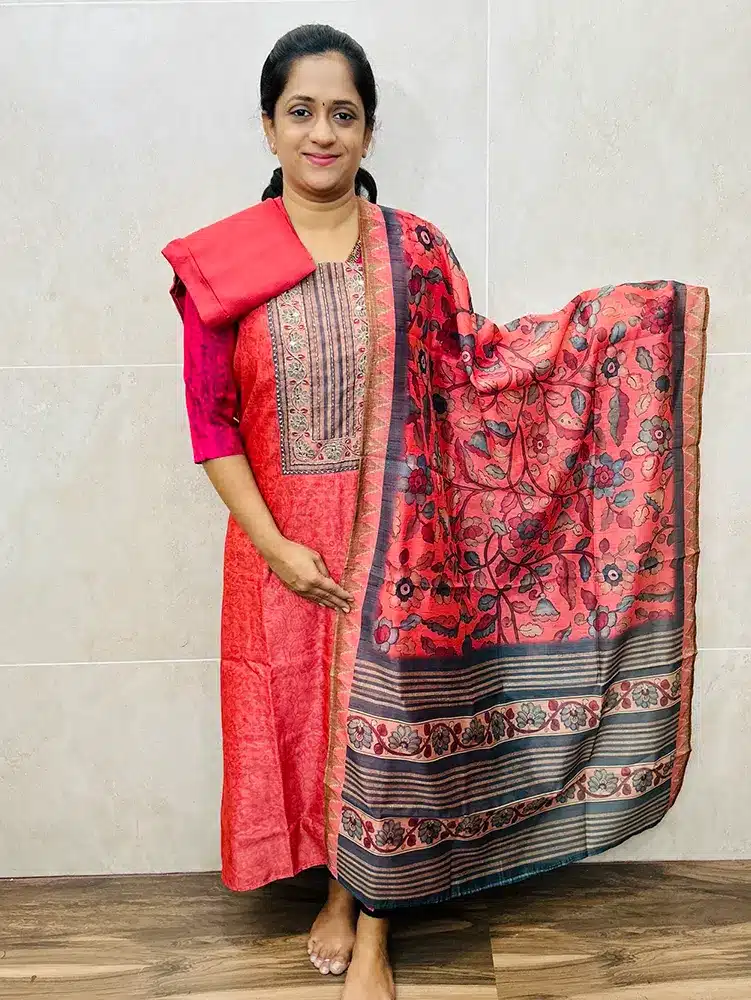 Printed Maheshwari silk top with embroidered yoke paired with printed Maheshwari silk dupatta and cotton silk bottom