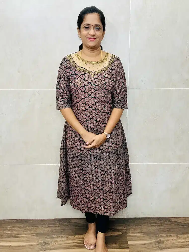 (Black) Ajrakh cotton kurti with transparent handworked net yoke(Aline pattern)