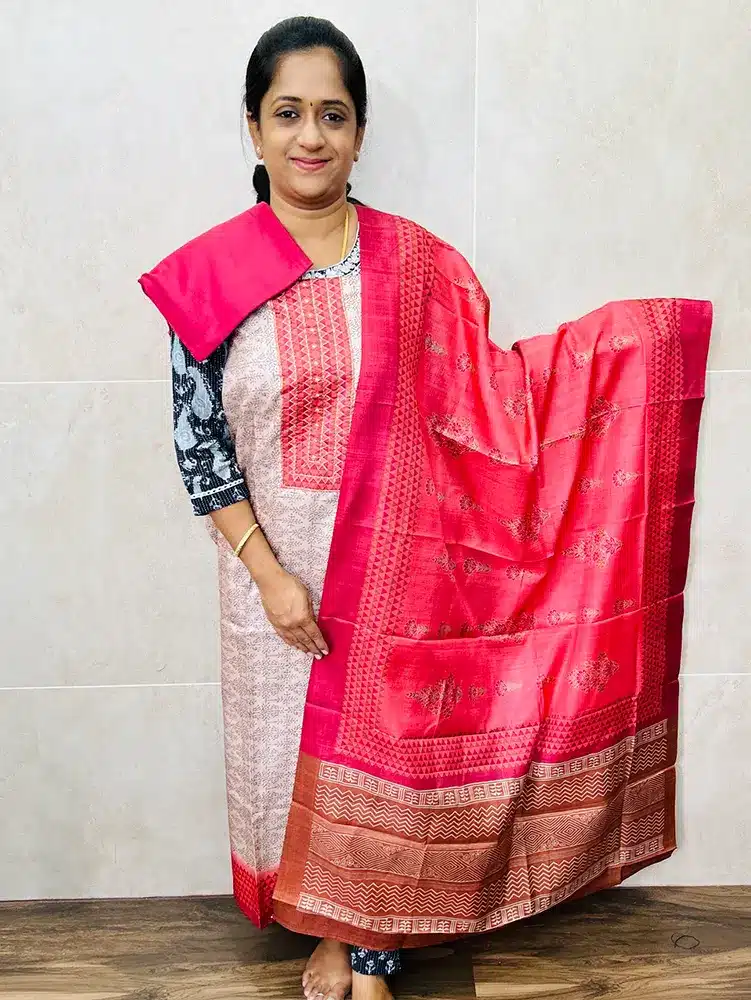 Premium semi tussar top with allover block prints paired with printed semi tussar dupatta and cotton silk bottom