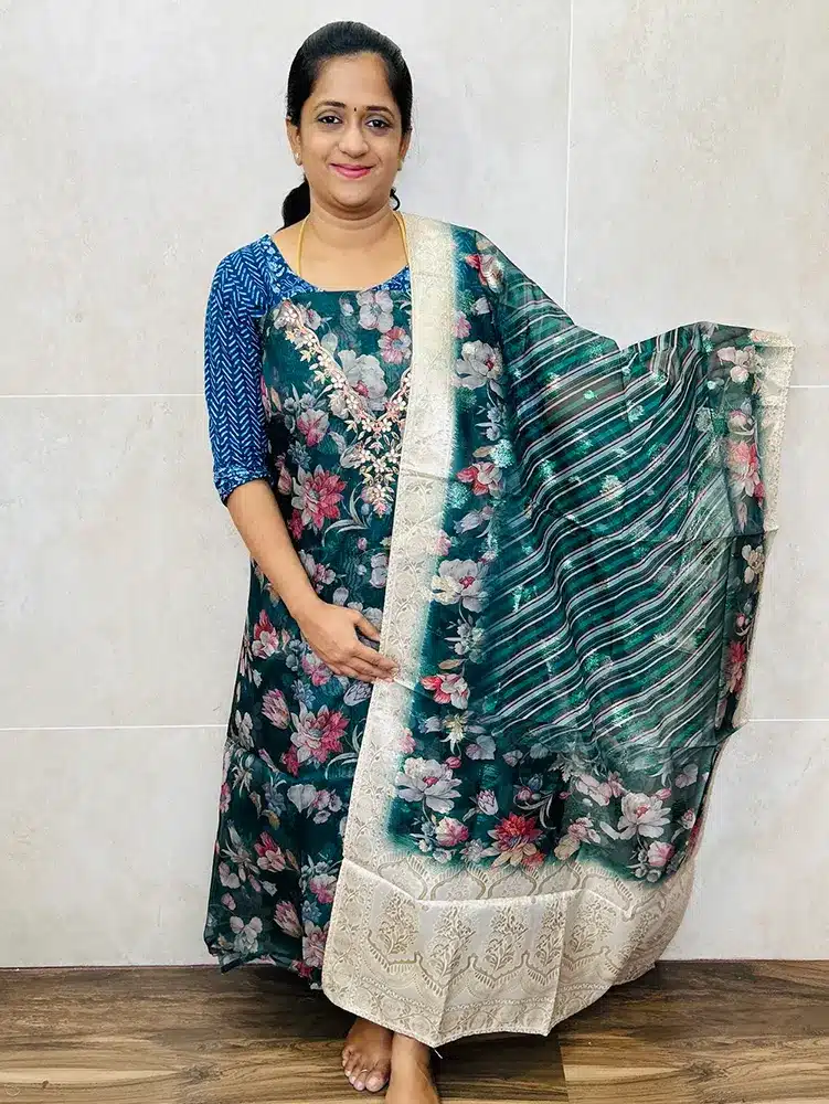 Digital printed Organza top with organza dupatta and cotton silk bottom