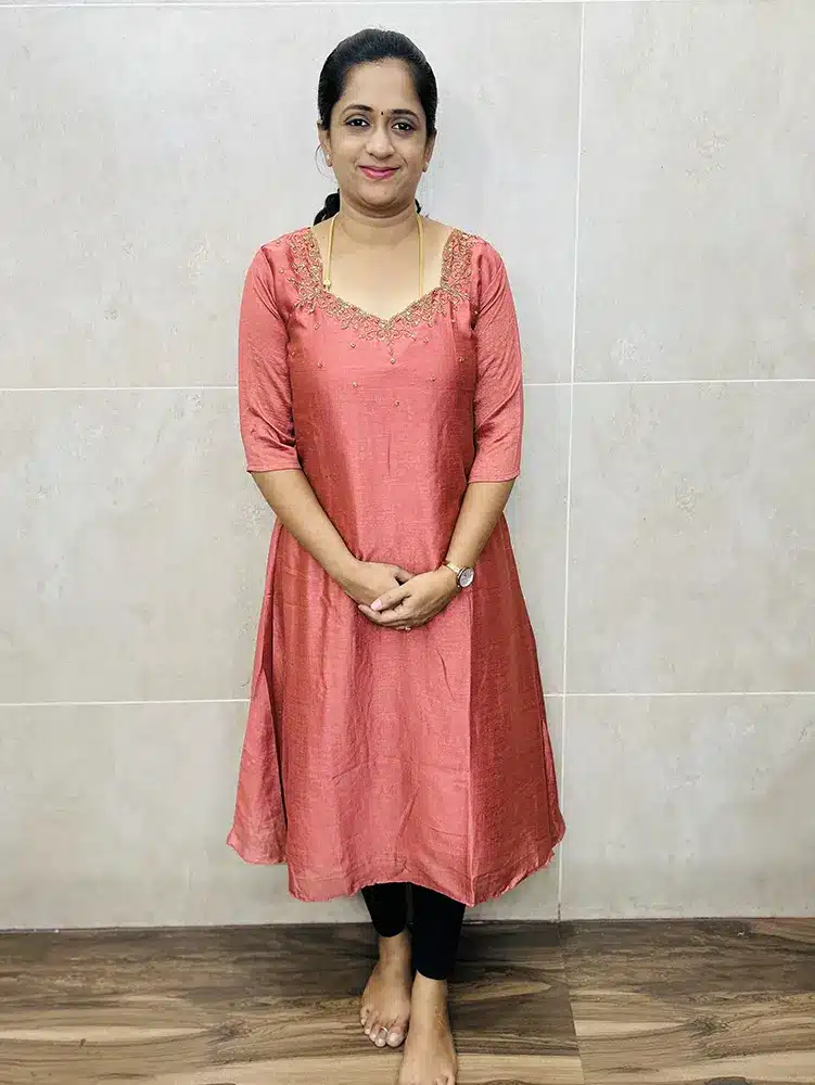 (Pastel peach) Soft silk top with beautiful handwork on yoke with crepe lining (Aline pattern)