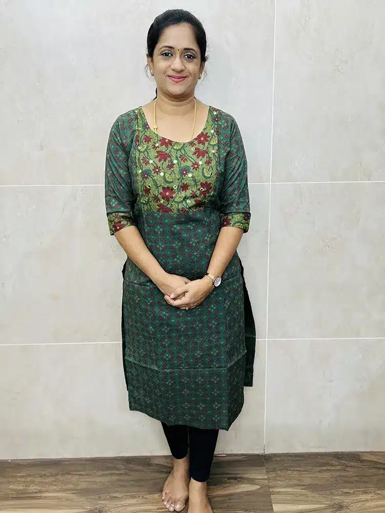 Handblock printed Jaipur cotton kurti with mirror worked yoke (Straight Cut Pattern)