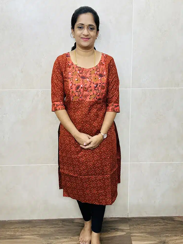 Handblock printed Jaipur cotton kurti with mirror worked yoke (Straight Cut Pattern)