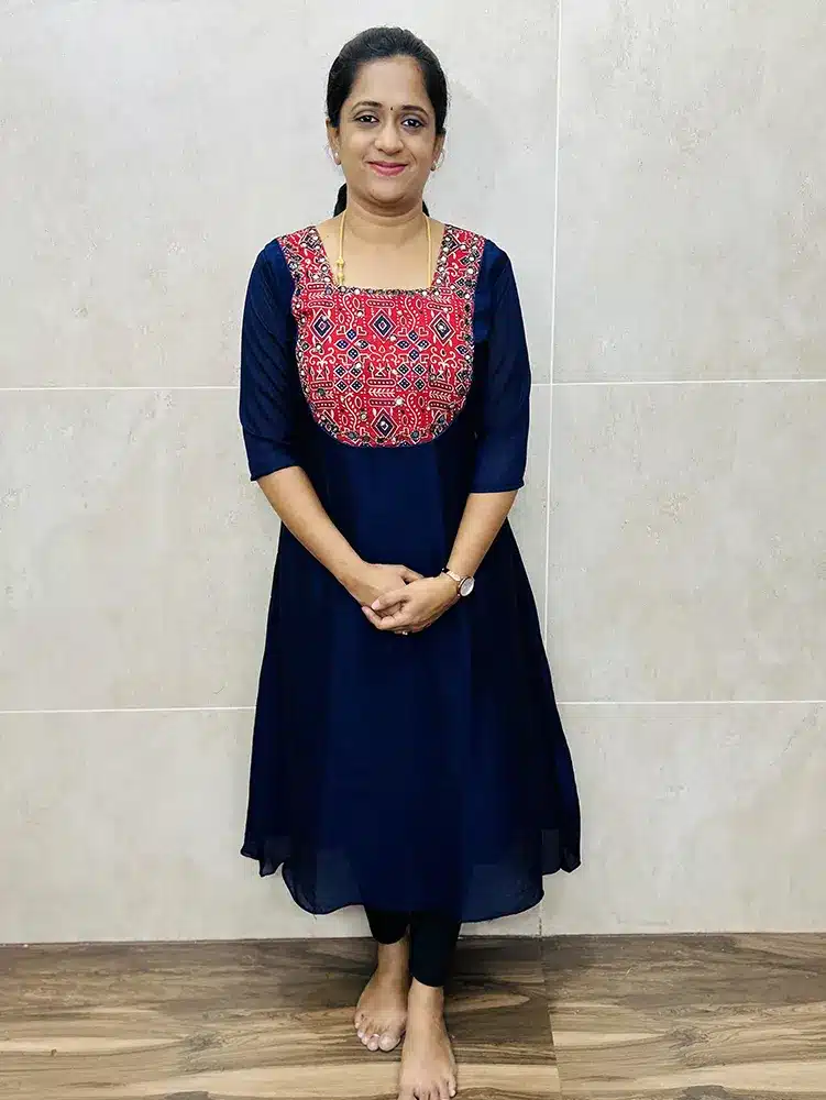 (Blue) Soft silk top with beautiful handwork on yoke with crepe lining (Aline pattern)