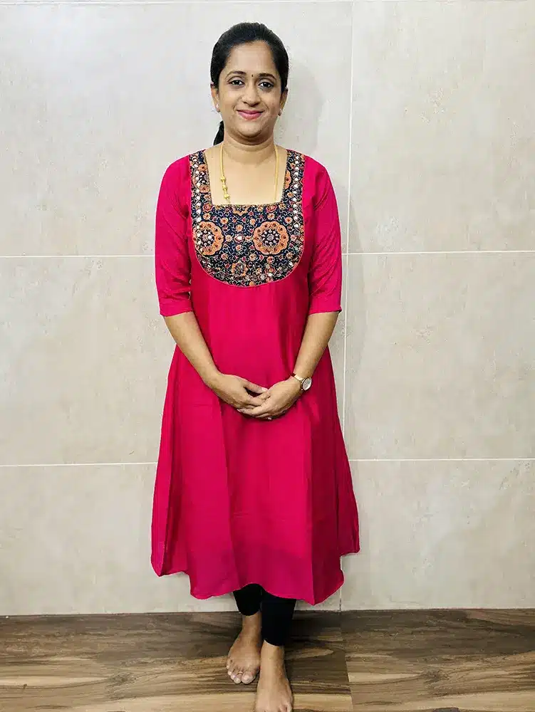 (Rani Pink) Soft silk top with beautiful handwork on yoke with crepe lining (Aline pattern)