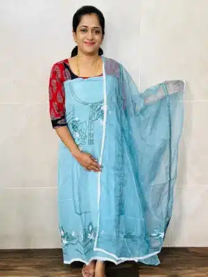 Pure organza top with embroidered patchwork paired with organza dupatta and cotton silk bottom