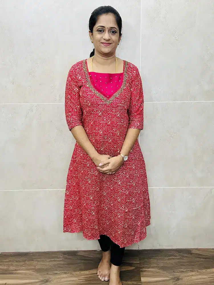 (Dark Pink) Batik printed cotton top with designer handwork on yoke (Aline Pattern)