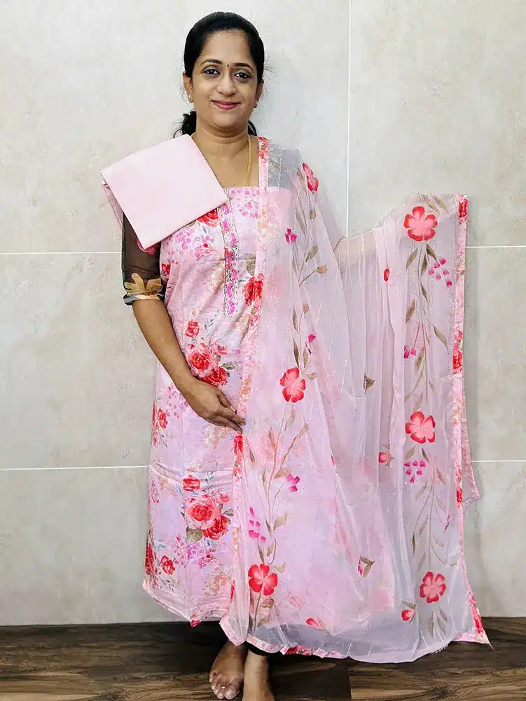 Printed pure mul cotton top with brush painted chiffon dupatta and cotton bottom