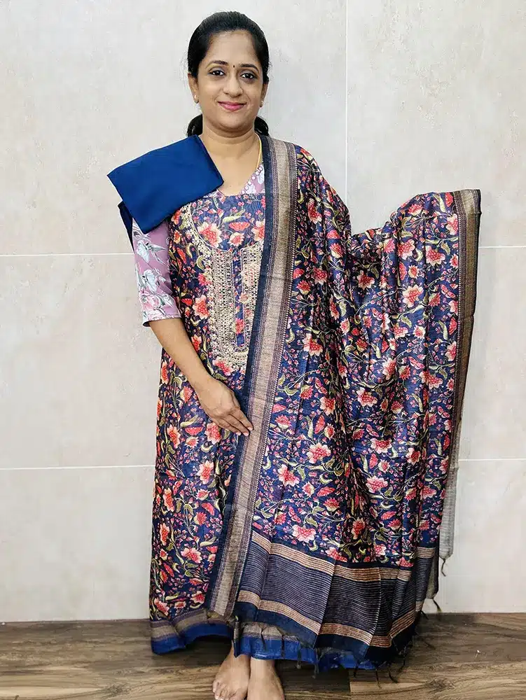 Premium semi tussar top with embroidered yoke paired withe semi tussar dupatta and cotton silk bottom