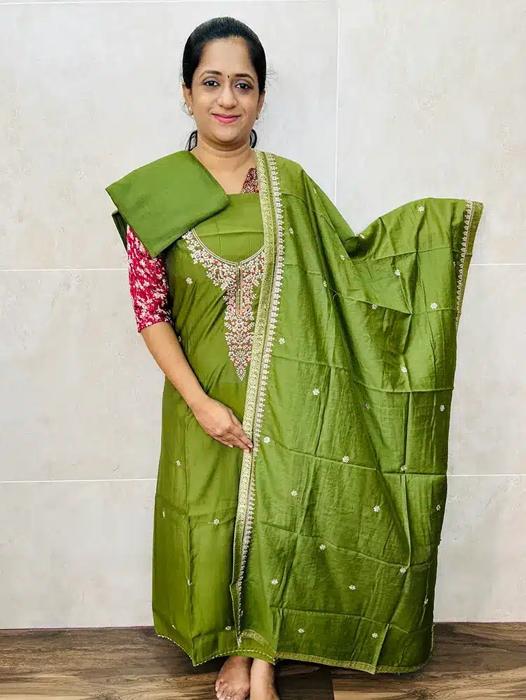 Premium modal silk top with embroidered yoke paired with embroidered soft silk dupatta and cotton silk bottom