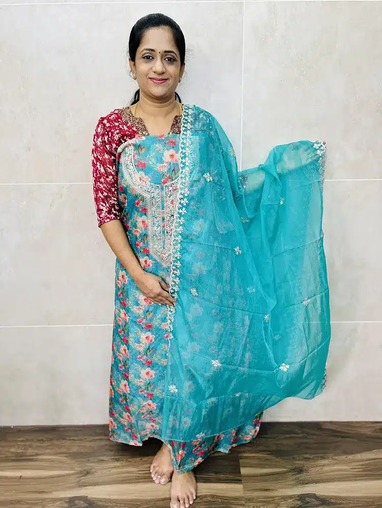 (Rama blue) Digital printed organza top with embroidered yoke paired with embroidered organza dupatta and cotton silk bottom