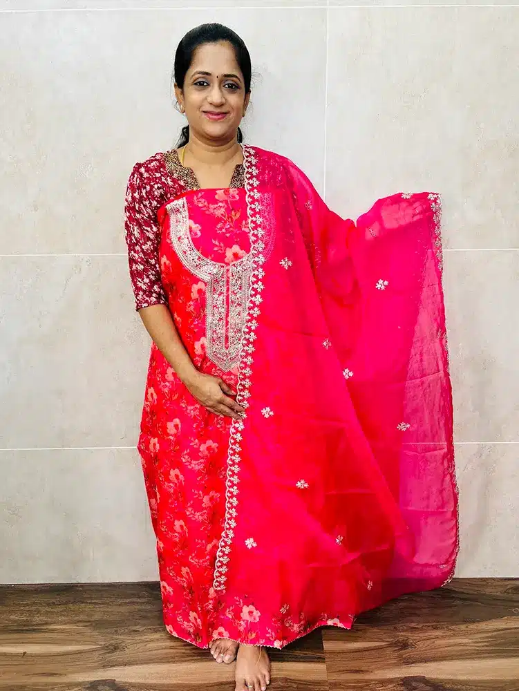 (Rani Pink) Digital printed organza top with embroidered yoke paired with embroidered organza dupatta and cotton silk bottom