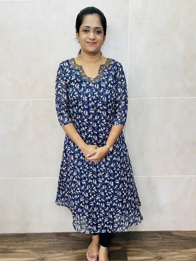 (Blue) Printed Crepe top with handworked yoke(Aline pattern)