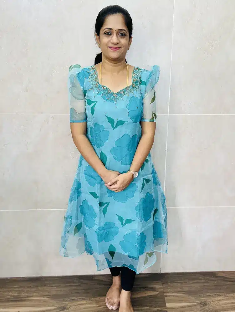 (Sea blue) Digital printed Organza kurti with handworked yoke (Aline pattern)