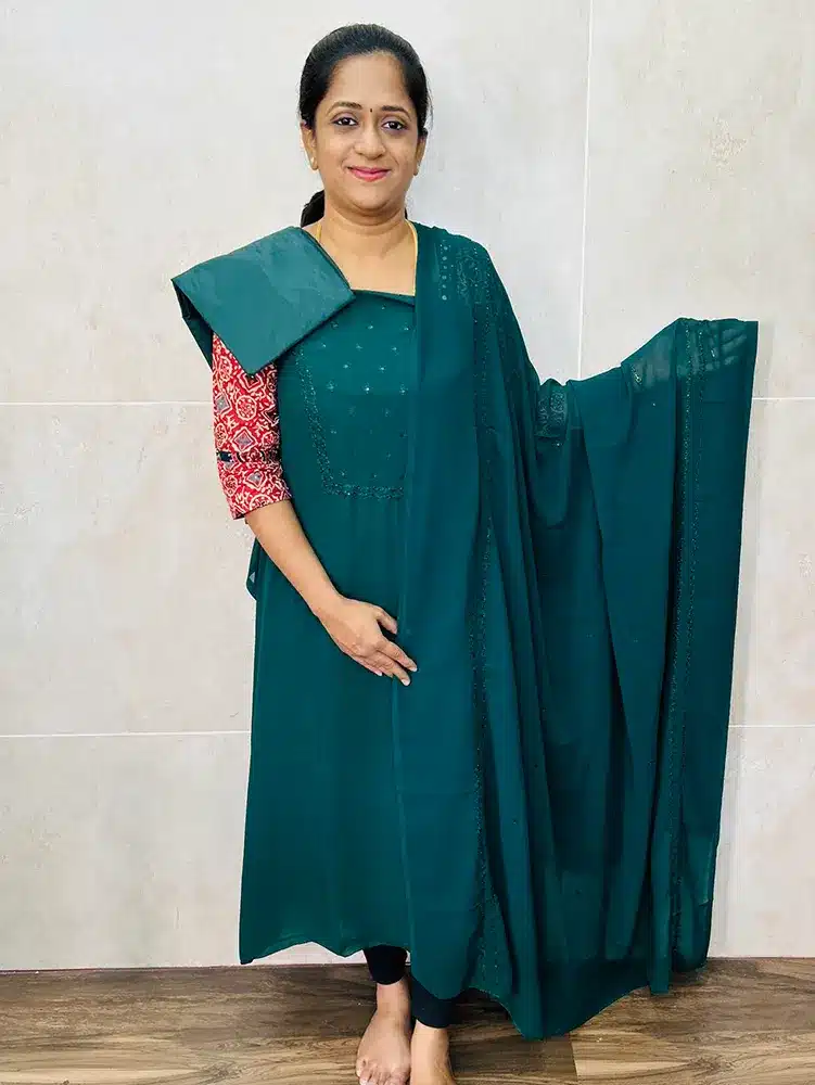 Georgette top with embroidered yoke paired with embroidered Georgette dupatta and silk bottom