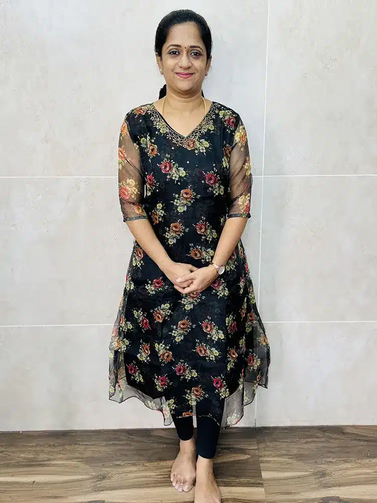 (Black) Digital printed Organza kurti with handworked yoke (Aline pattern)