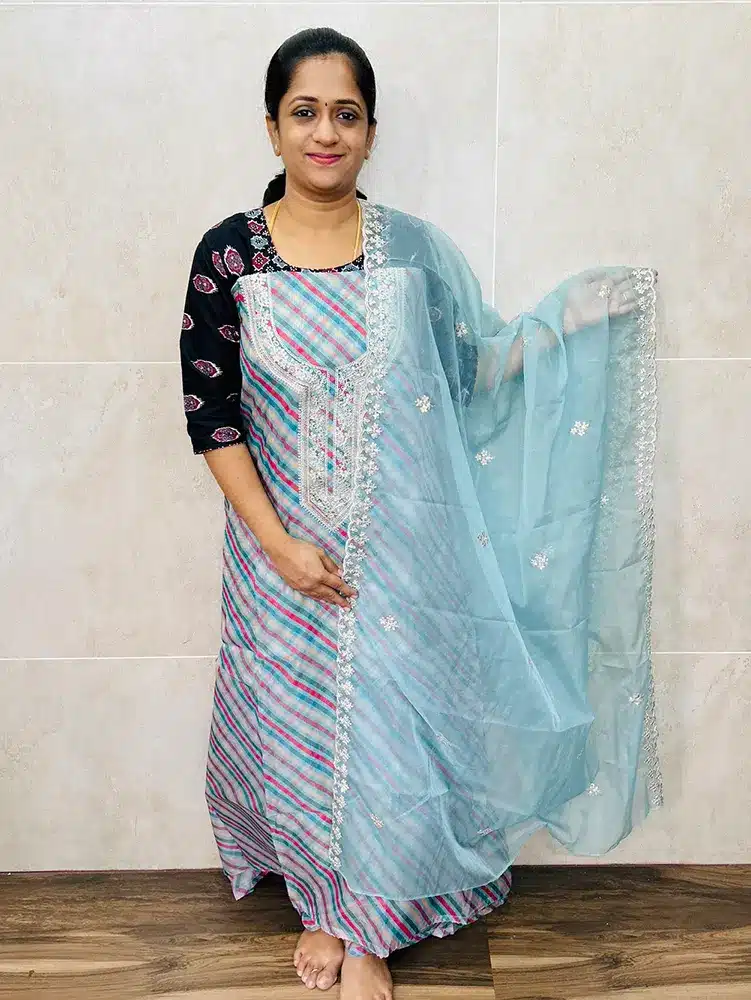 Digital printed organza top with embroidered yoke paired with embroidered organza dupatta and cotton silk bottom