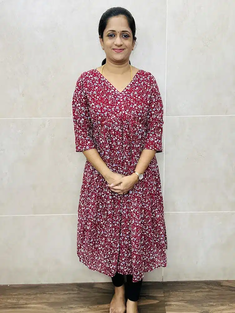 (Maroonish Red) Ready to wear Printed Georgette top with mirrorworked yoke (Alia Cut Pattern) with lining