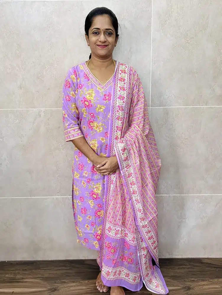 Printed Jaipur cotton top with cotton dupatta and cotton bottom (With 1side pocket)