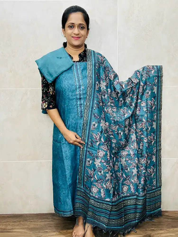 Printed Maheshwari silk top with semi tussar dupatta and cotton silk bottom